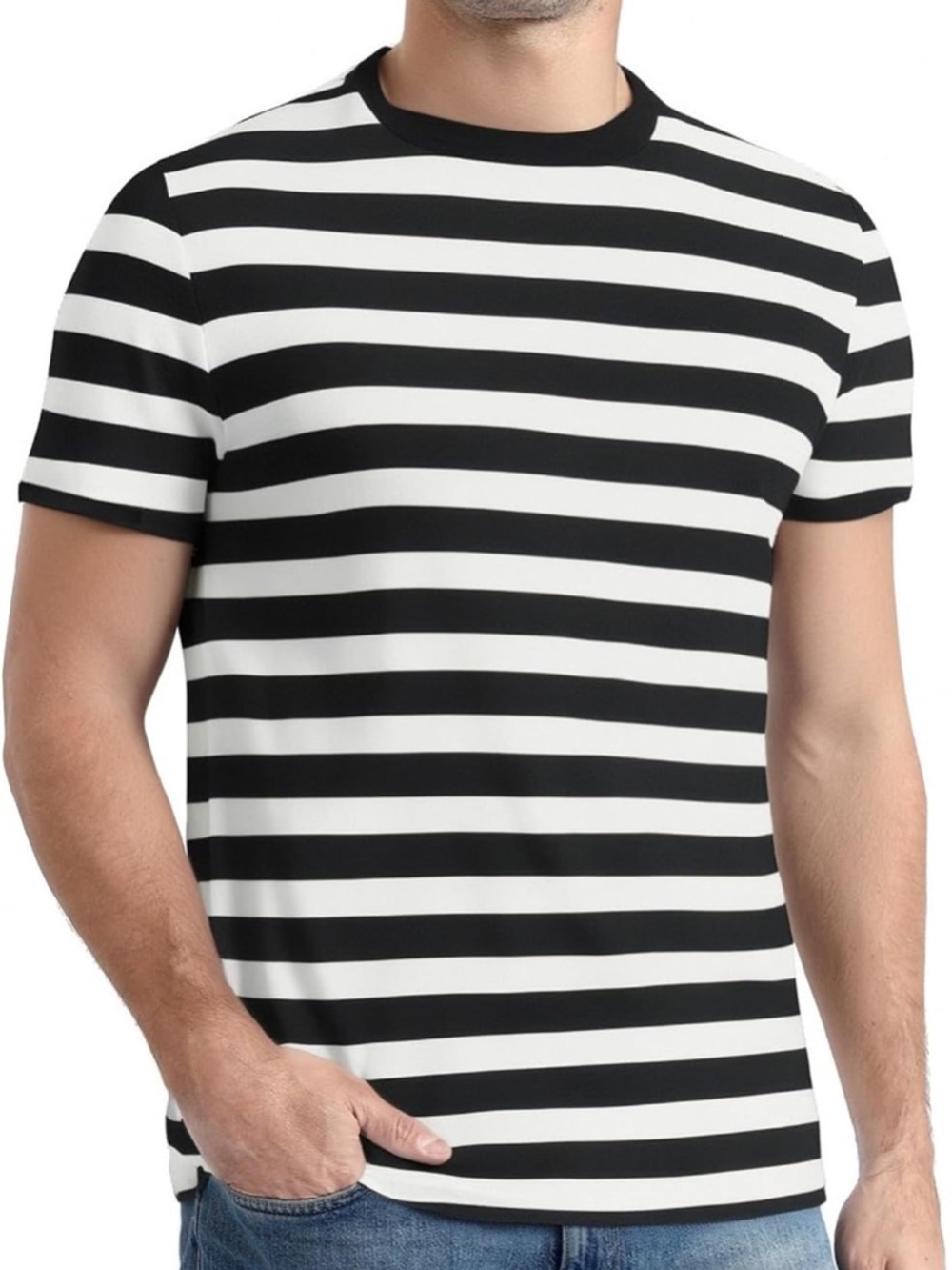 Striped Black & White Crewneck Men's T-Shirt